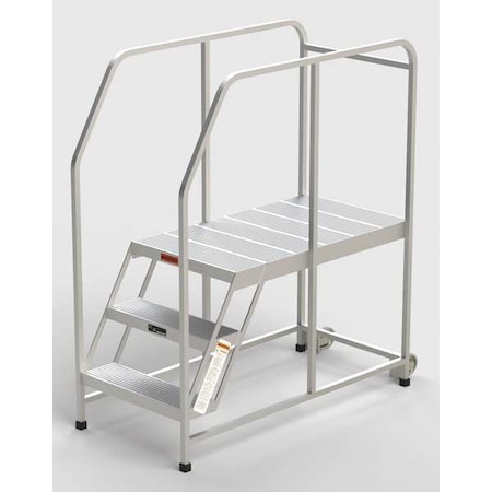 Ega Aluminum Mobile Work Platform, 3 Steps, Handrails, 42"D Platform, Solid Ribbed Tread A005H