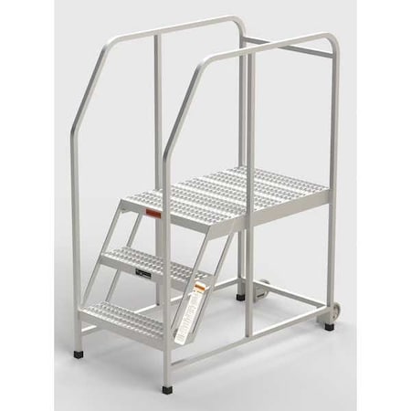 Ega Aluminum Mobile Work Platform, 3 Steps, Handrails, 36"D Platform, Serrated Tread A013H