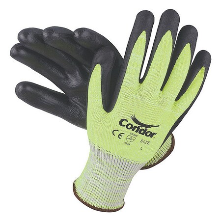 Condor Coated Gloves, 4 Cut Level, Black, High Visibility Yellow, S 29JV65