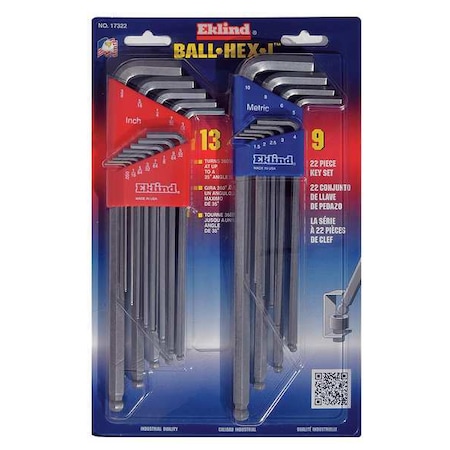 EKLIND 22-Piece Hex Key Set, Combination Ball-Hex-L, Extra Long, Metric and SAE, Plastic Holder, 17322 17322