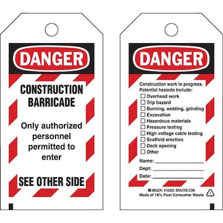 Brady Caution Tag, Construction, Polyester, 5 3/4 in H x 3 in W, Black, Red, White, Rectangle, 25 PK 132423