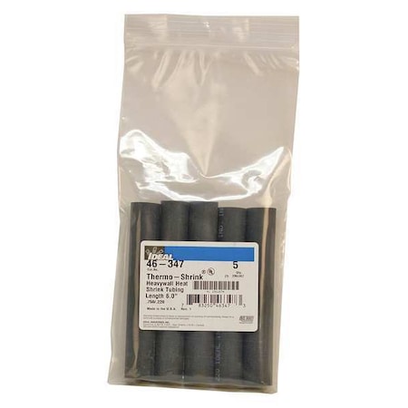 Ideal Adhesive Lined Heat Shrink Tube, Heavy Wall, 3:1 I.D. Shrink Ratio, 0.75 in I.D. Before Shrinking, Black, 5 PK 46-347