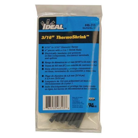 Ideal Heat Shrink Tube, Thin Wall, 2:1 I.D. Shrink Ratio, 0.21 in I.D. Before Shrinking, Black, 6 in 46-313