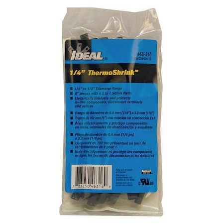 Ideal Heat Shrink Tube, Thin Wall, 2:1 I.D. Shrink Ratio, 0.27 in I.D. Before Shrinking, Black, 6 in 46-316