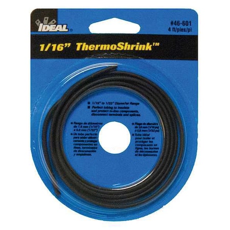 Ideal Heat Shrink Tube, Thin Wall, 2:1 I.D. Shrink Ratio, 0.08 in I.D. Before Shrinking, Black, 4 ft 46-601