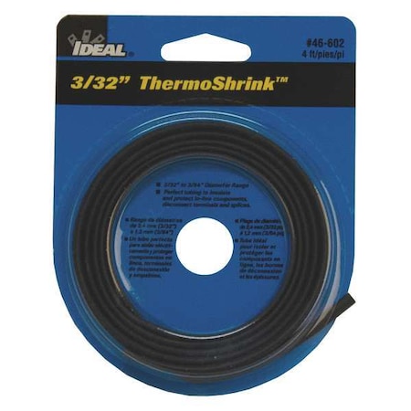 Ideal Heat Shrink Tube, Thin Wall, 2:1 I.D. Shrink Ratio, 0.12 in I.D. Before Shrinking, Black, 4 ft 46-602