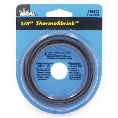 Ideal Heat Shrink Tube, Thin Wall, 2:1 I.D. Shrink Ratio, 0.15 in I.D. Before Shrinking, Black, 6 in 46-603