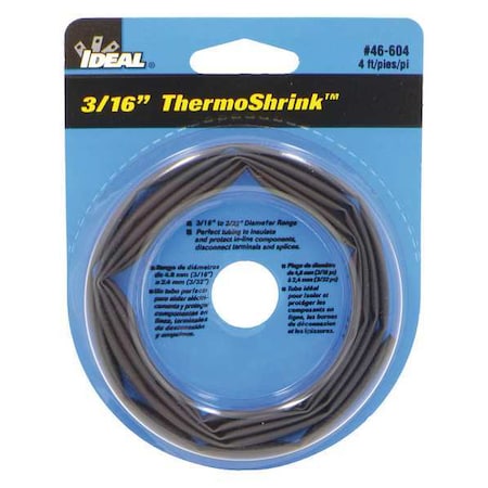 Heat Shrink Tube, Thin Wall, 2:1 I.D. Shrink Ratio, 0.21 in I.D. Before Shrinking, Black, 4 ft