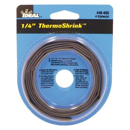 Ideal Heat Shrink Tube, Thin Wall, 2:1 I.D. Shrink Ratio, 0.27 in I.D. Before Shrinking, Black, 4 ft 46-605