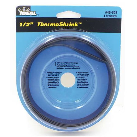 Ideal Heat Shrink Tube, Thin Wall, 2:1 I.D. Shrink Ratio, 0.54 in I.D. Before Shrinking, Black, 4 ft 46-608
