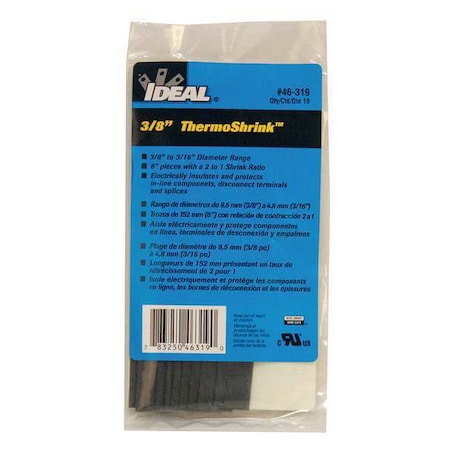 Ideal Heat Shrink Tube, Thin Wall, 2:1 I.D. Shrink Ratio, 0.42 in I.D. Before Shrinking, Black, 6 in 46-319