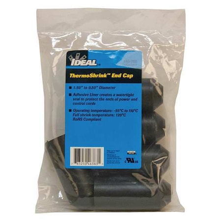 Ideal Adhesive Lined Heat Shrink End Cap, Medium Wall, 3:1 I.D. Shrink Ratio, Black, 3.31 in, 5 PK 46-383