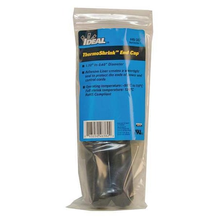 Ideal Adhesive Lined Heat Shrink End Cap, Medium Wall, 3:1 I.D. Shrink Ratio, Black, 2-3/4 in, 5 PK 46-382