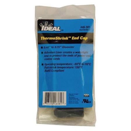 Ideal Adhesive Lined Heat Shrink End Cap, Medium Wall, 3:1 I.D. Shrink Ratio, Black, 1-3/4 in, 5 PK 46-381