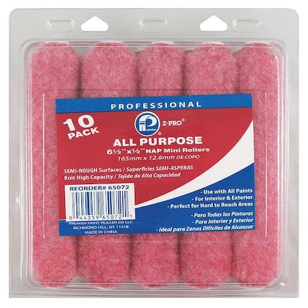 Premier 6-1/2" Mini Paint Roller Cover, 1/2" Nap, Polyester, 10 PK 65072