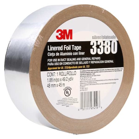 3M Foil Tape, Aluminum, Silver, 49 yd L, 1-7/8 in W 3380