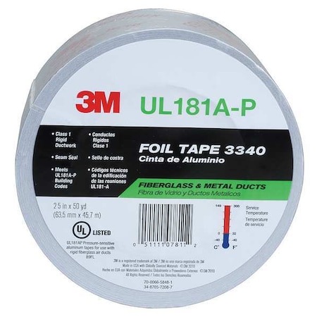 3M Foil Tape, Aluminum, Silver, 50 yd L, 2-1/2 in W 3340
