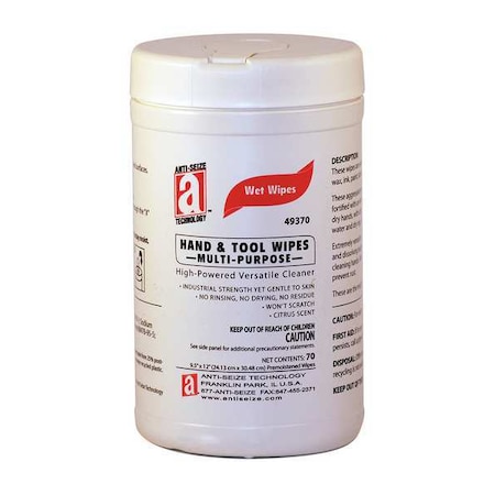 Anti-Seize Technology Hand Cleaning Wipes, 12"L x 9-1/2"W, 70 Wipes 49370