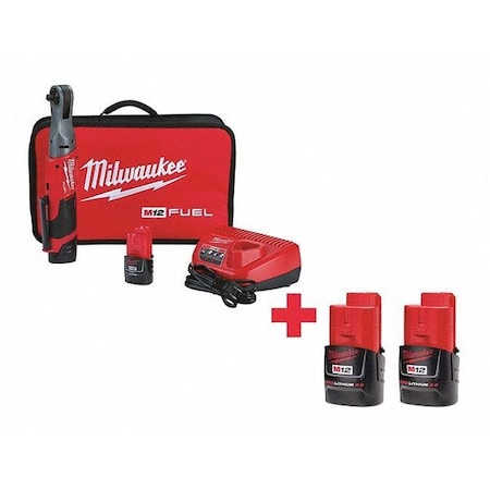 Milwaukee Tool M12(TM) 12V 3/8" Cordless Ratchet Kit, Includes (4) Batteries (2 Ah) 2557-22, 48-11-2420, 48-11-2420