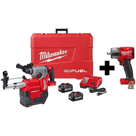 Milwaukee Tool M18 FUEL 1" SDS Plus Rotary Hammer ONE-KEY Dust Extractor Kit + 1/2" Mid-Torque Impact Wrench 2914-22DE, 2962-20