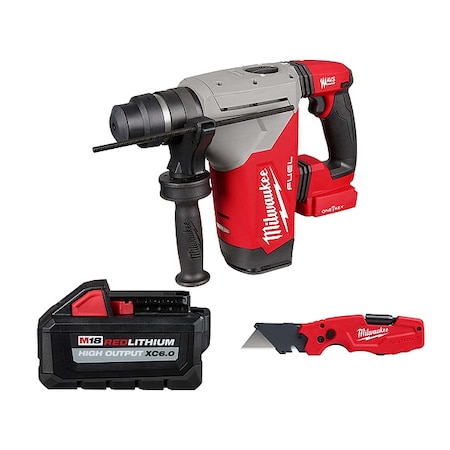 Milwaukee Tool FASTBACK 6-IN-1 Utility Knife + M18 FUEL 1-1/8" SDS Plus Rotary Hammer ONE-KEY + M18 XC6.0 Battery 2915-20, 48-11-1865, 48-22-1505