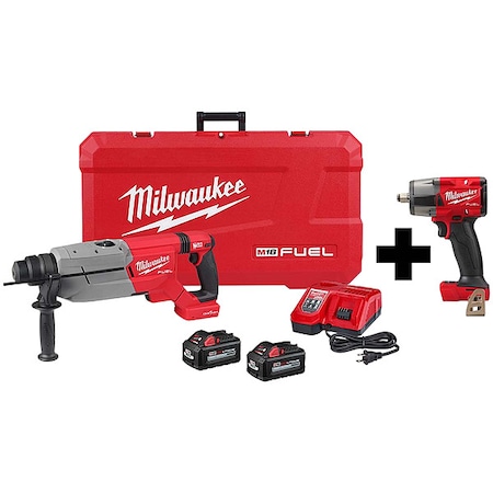 Milwaukee Tool M18 FUEL 1/2 in Mid-Torque Impact Wrench + M18 FUEL 1-1/4 in SDS Plus D-Handle Rotary Hammer Kit 2916-22, 2962-20