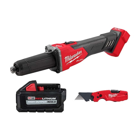 Milwaukee Tool FASTBACK 6-IN-1 Utility Knife + M18 FUEL Braking Die Grinder, Slide Switch + M18 XC6.0 Battery 2939-20, 48-11-1865, 48-22-1505
