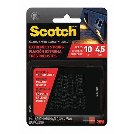 Scotch Reclosable Fastener, Acrylic Adhesive, 1 in, 1 in W, Black, 24 PK RFD7021