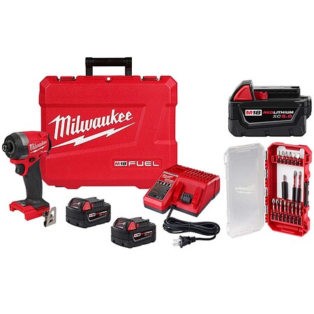 Milwaukee Tool SHOCKWAVE Impact Duty Driver Bit Set -18PC + M18 FUEL 1/4" Hex Impact Driver Kit + M18 XC5.0 Battery 2953-22, 48-11-1850, 48-32-4403