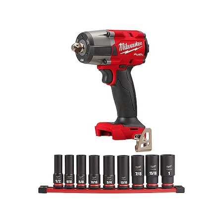 Milwaukee Tool M18 FUEL 1/2" Mid-Torque Impact Wrench, Pin Detent + 9PC SHOCKWAVE Impact Duty 1/2" Drive Socket Set 2962P-20, 49-66-7022