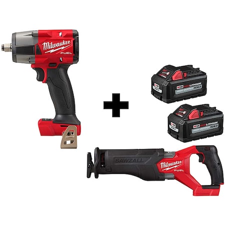 Milwaukee Tool M18 FUEL SAWZALL Recip Saw + M18 FUEL 1/2" Mid-Torque Impact Wrench + M18 XC6.0 Batteries (2 Pk) 2962-20, 2821-20, 48-11-1862