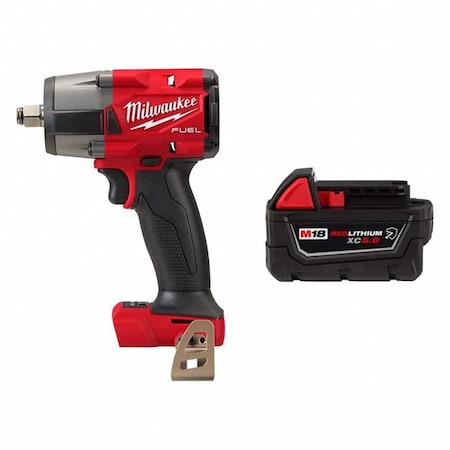 Milwaukee Tool M18 FUEL 1/2" Mid-Torque Impact Wrench w/ Friction Ring + M18 XC5.0 Resistant Battery 2962-20, 48-11-1850R
