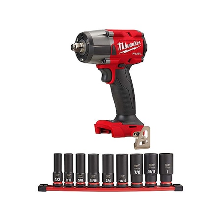 Milwaukee Tool M18 FUEL 1/2" Mid-Torque Impact Wrench + 9PC SHOCKWAVE Impact Duty 1/2" Drive SAE 6-Point Socket Set 2962-20, 49-66-7022