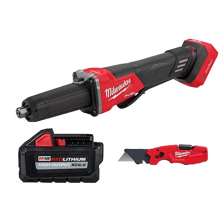 Milwaukee Tool FASTBACK 6-IN-1 Utility Knife + M18 FUEL Braking Die Grinder, ONE-KEY + M18 XC6.0 Battery 2984-20, 48-11-1865, 48-22-1505