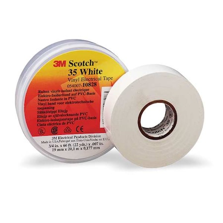 3M Vinyl Electrical Tape, 35, Scotch, 3/4 in W x 66 ft L, 7 mil thick, White, 1 Pack 10828