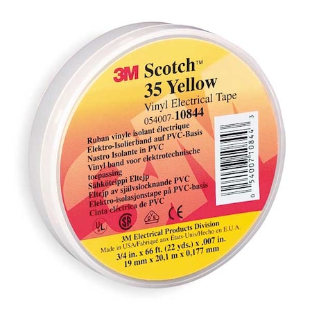 3M Vinyl Electrical Tape, 35, Scotch, 3/4 in W x 66 ft L, 7 mil thick, Yellow, 1 Pack 10844