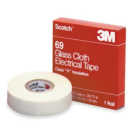 3M Glass Cloth Electrical Tape, 69, Scotch, 3/4 in W x 66 ft L, 7 mil thick, White, 1 Pack 69-3/4"X66'