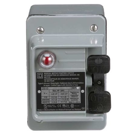 Square D Manual Motor Switch, 30 A, 2 P, 1 Phase, Toggle, Type K, Class 2510 Series, NEMA 4 2510KW1A