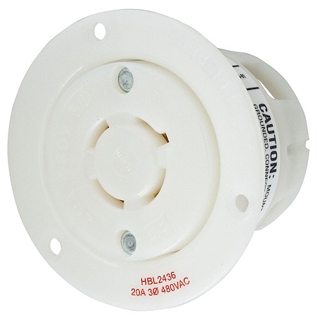 Hubbell Wiring Device-Kellems Flanged Locking Receptacle, L16-20R, 20 A, 480V AC, Three Phase, 3 Pole, Flush Mount, White HBL2436