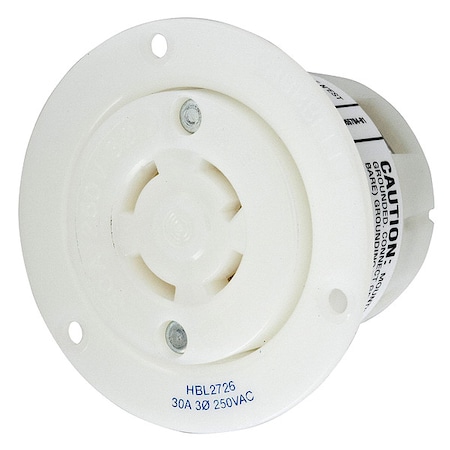Hubbell Wiring Device-Kellems Flanged Locking Receptacle, L15-30R, 30 A, 250V AC, Three Phase, 3 Pole, Flush Mount, White HBL2726