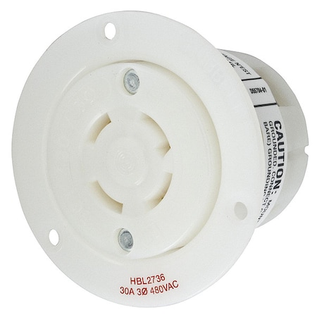 Hubbell Wiring Device-Kellems Flanged Locking Receptacle, L16-30R, 30 A, 480V AC, Three Phase, 3 Pole, Flush Mount, White HBL2736