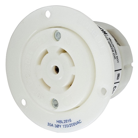 Hubbell Wiring Device-Kellems Flanged Locking Receptacle, L21-30R, 30 A, 120/208V AC, Three Phase, 4 Pole, Flush Mount, White HBL2816