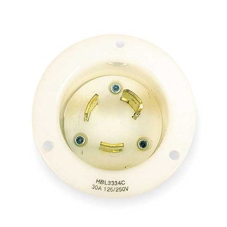 Hubbell Wiring Device-Kellems Flanged Locking Inlet, Non-NEMA, 30 A, 125/250V AC, Single Phase, 3 Pole, Flush Mount, White HBL3334C