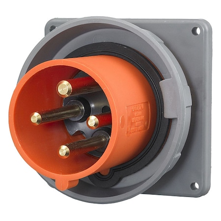 Hubbell Wiring Device-Kellems Watertight Pin & Sleeve Inlet, 100 A, 125/250V AC, Single Phase, 3 Pole, IEC Grounding, Orange HBL4100B12W