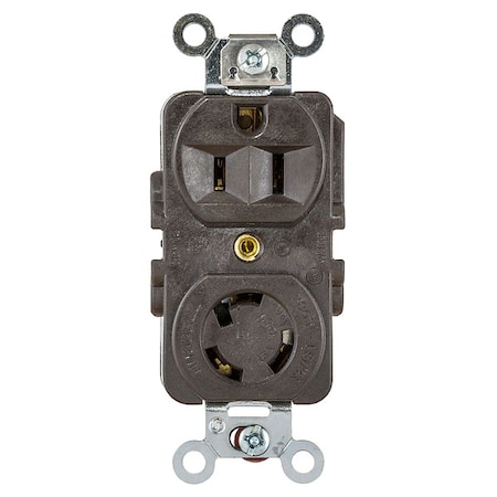Hubbell Wiring Device-Kellems Duplex Locking Receptacle, L5-15R, 15 A, 125V AC, Single Phase, 2 Pole, Flush Mount, Brown HBL4792
