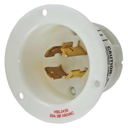 Hubbell Wiring Device-Kellems Flanged Locking Inlet, 20 A, 480V AC, Three Phase, 3 Pole, Flush Mount, Screw Terminals, White HBL2435