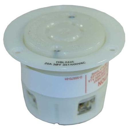 Hubbell Wiring Device-Kellems Flanged Locking Receptacle, L20-20R, 20 A, 347/600V AC, Three Phase, 4 Pole, Flush Mount, White HBL2466