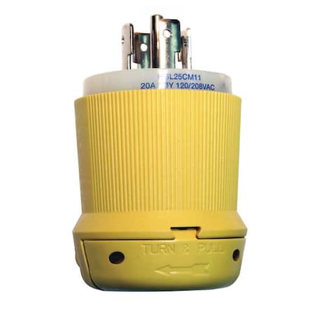 Hubbell Wiring Device-Kellems Locking Plug, L21-20P, 20 A, 120/208V AC, Three Phase, 4 Pole, Screw Terminals, Yellow HBL25CM11