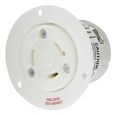 Hubbell Wiring Device-Kellems Flanged Locking Receptacle, L8-30R, 30 A, 480V AC, Single Phase, 2 Pole, Flush Mount, White HBL2646