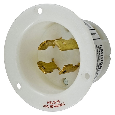 Hubbell Wiring Device-Kellems Flanged Locking Inlet, 30 A, 480V AC, Three Phase, 3 Pole, Flush Mount, Screw Terminals, White HBL2735